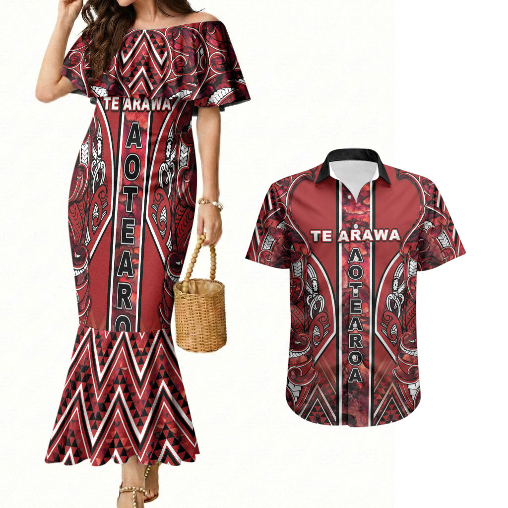 Aotearoa Te Arawa Couples Matching Mermaid Dress and Hawaiian Shirt Maori Tribal Dark Red Paua Shell Pattern
