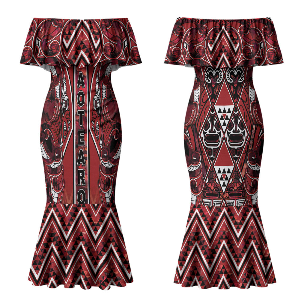 Aotearoa Te Arawa Couples Matching Mermaid Dress and Long Sleeve Button Shirt Maori Tribal Dark Red Paua Shell Pattern