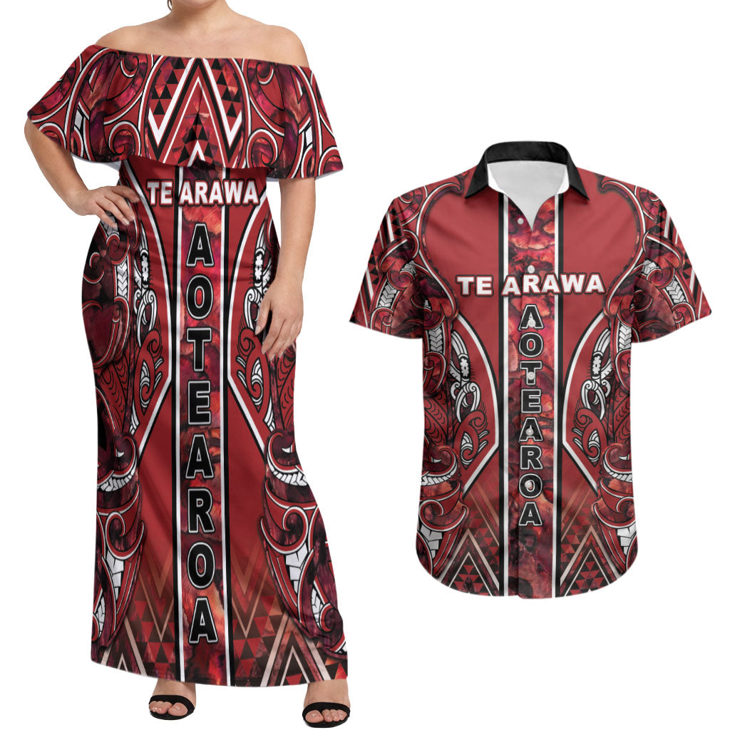 Aotearoa Te Arawa Couples Matching Off Shoulder Maxi Dress and Hawaiian Shirt Maori Tribal Dark Red Paua Shell Pattern
