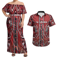 Aotearoa Te Arawa Couples Matching Off Shoulder Maxi Dress and Hawaiian Shirt Maori Tribal Dark Red Paua Shell Pattern