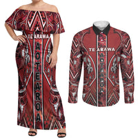 Aotearoa Te Arawa Couples Matching Off Shoulder Maxi Dress and Long Sleeve Button Shirt Maori Tribal Dark Red Paua Shell Pattern