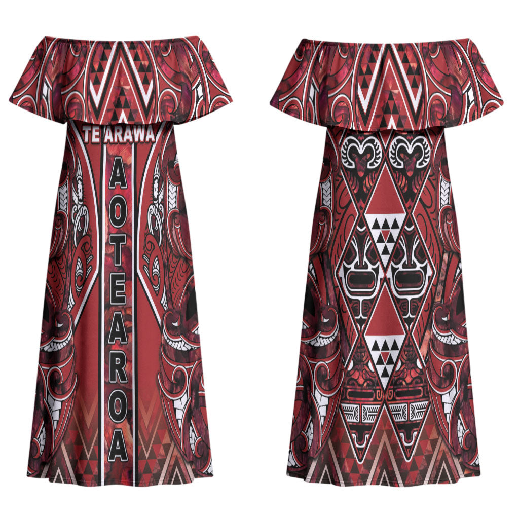 Aotearoa Te Arawa Couples Matching Off Shoulder Maxi Dress and Long Sleeve Button Shirt Maori Tribal Dark Red Paua Shell Pattern