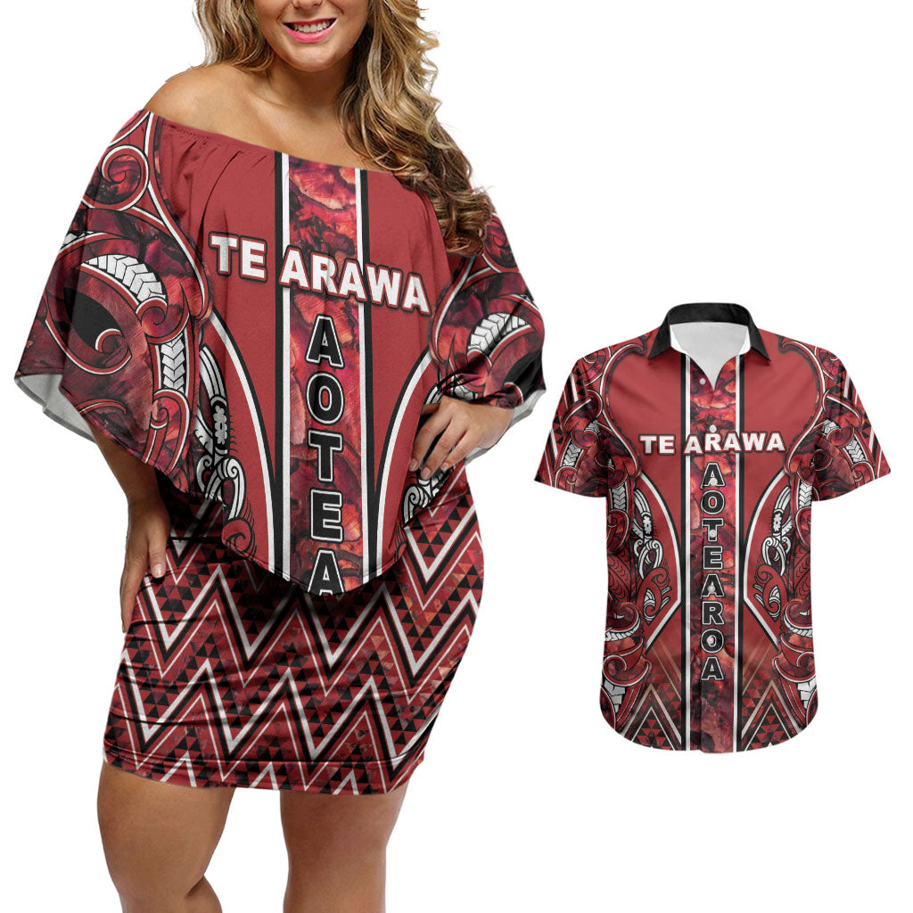 Aotearoa Te Arawa Couples Matching Off Shoulder Short Dress and Hawaiian Shirt Maori Tribal Dark Red Paua Shell Pattern
