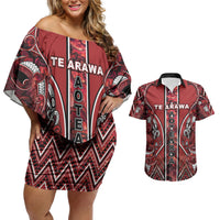Aotearoa Te Arawa Couples Matching Off Shoulder Short Dress and Hawaiian Shirt Maori Tribal Dark Red Paua Shell Pattern