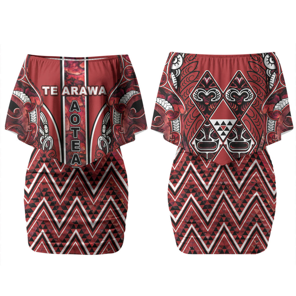 Aotearoa Te Arawa Couples Matching Off Shoulder Short Dress and Hawaiian Shirt Maori Tribal Dark Red Paua Shell Pattern