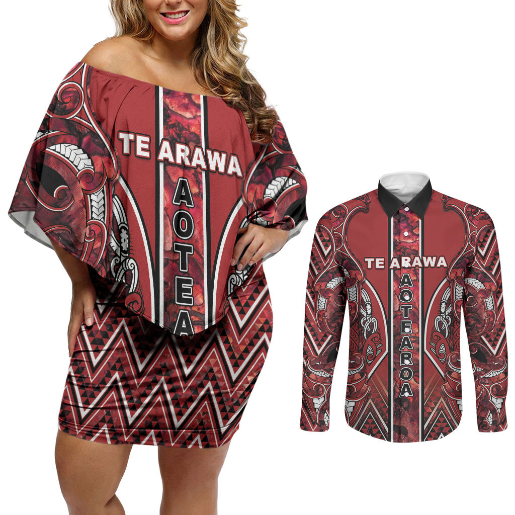 Aotearoa Te Arawa Couples Matching Off Shoulder Short Dress and Long Sleeve Button Shirt Maori Tribal Dark Red Paua Shell Pattern
