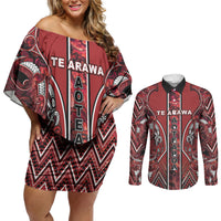 Aotearoa Te Arawa Couples Matching Off Shoulder Short Dress and Long Sleeve Button Shirt Maori Tribal Dark Red Paua Shell Pattern