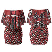 Aotearoa Te Arawa Couples Matching Off Shoulder Short Dress and Long Sleeve Button Shirt Maori Tribal Dark Red Paua Shell Pattern