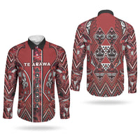 Aotearoa Te Arawa Couples Matching Off The Shoulder Long Sleeve Dress and Long Sleeve Button Shirt Maori Tribal Dark Red Paua Shell Pattern