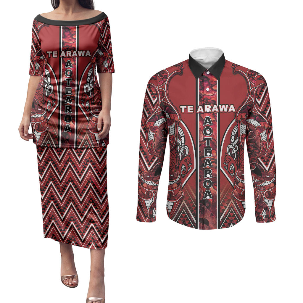 Aotearoa Te Arawa Couples Matching Puletasi and Long Sleeve Button Shirt Maori Tribal Dark Red Paua Shell Pattern DT05 Red - Polynesian Pride