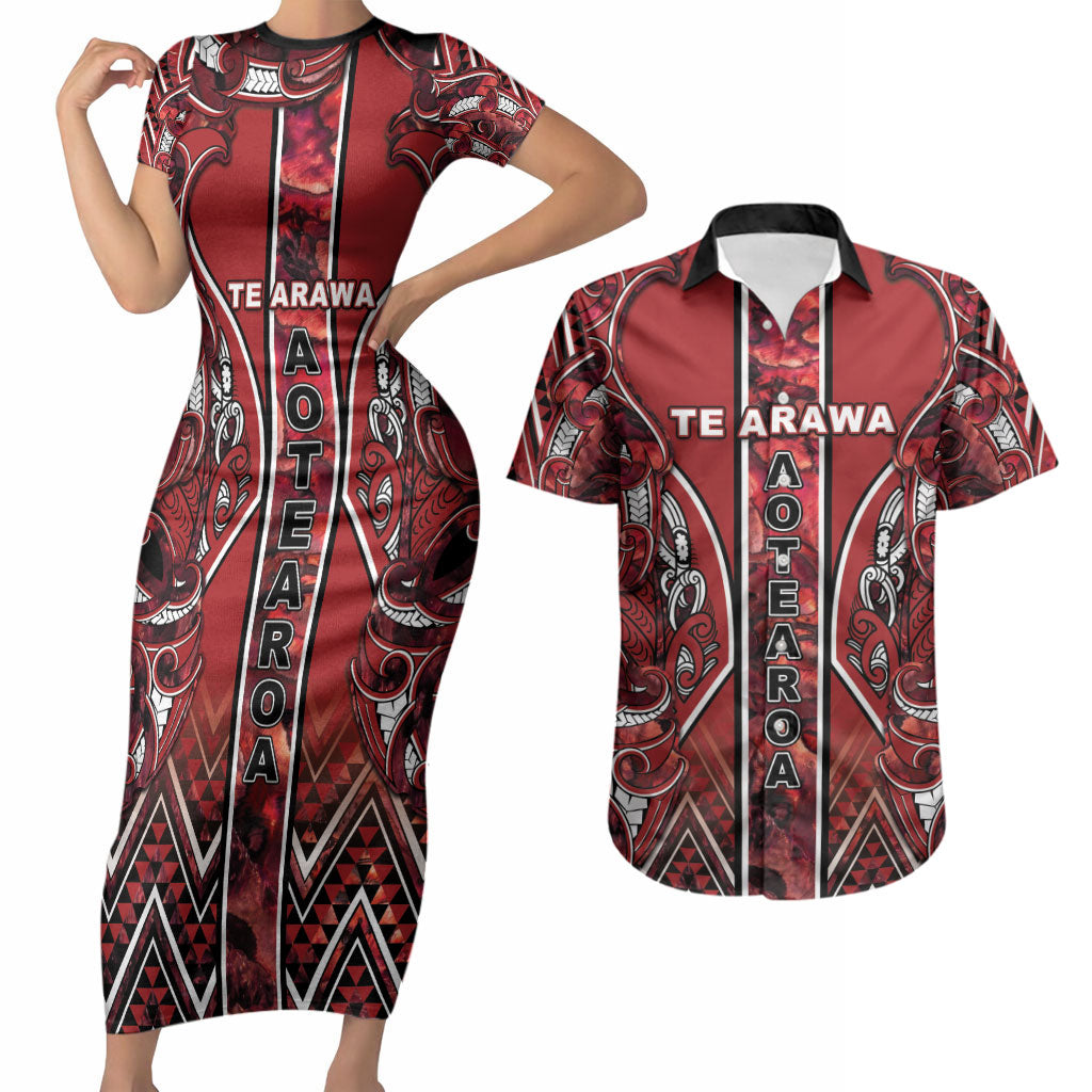 Aotearoa Te Arawa Couples Matching Short Sleeve Bodycon Dress and Hawaiian Shirt Maori Tribal Dark Red Paua Shell Pattern