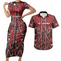 Aotearoa Te Arawa Couples Matching Short Sleeve Bodycon Dress and Hawaiian Shirt Maori Tribal Dark Red Paua Shell Pattern