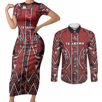 Aotearoa Te Arawa Couples Matching Short Sleeve Bodycon Dress and Long Sleeve Button Shirt Maori Tribal Dark Red Paua Shell Pattern