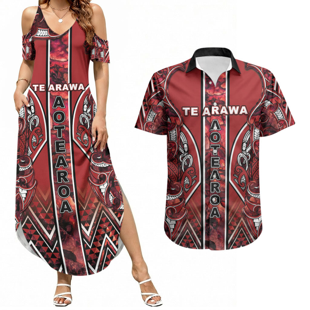 Aotearoa Te Arawa Couples Matching Summer Maxi Dress and Hawaiian Shirt Maori Tribal Dark Red Paua Shell Pattern