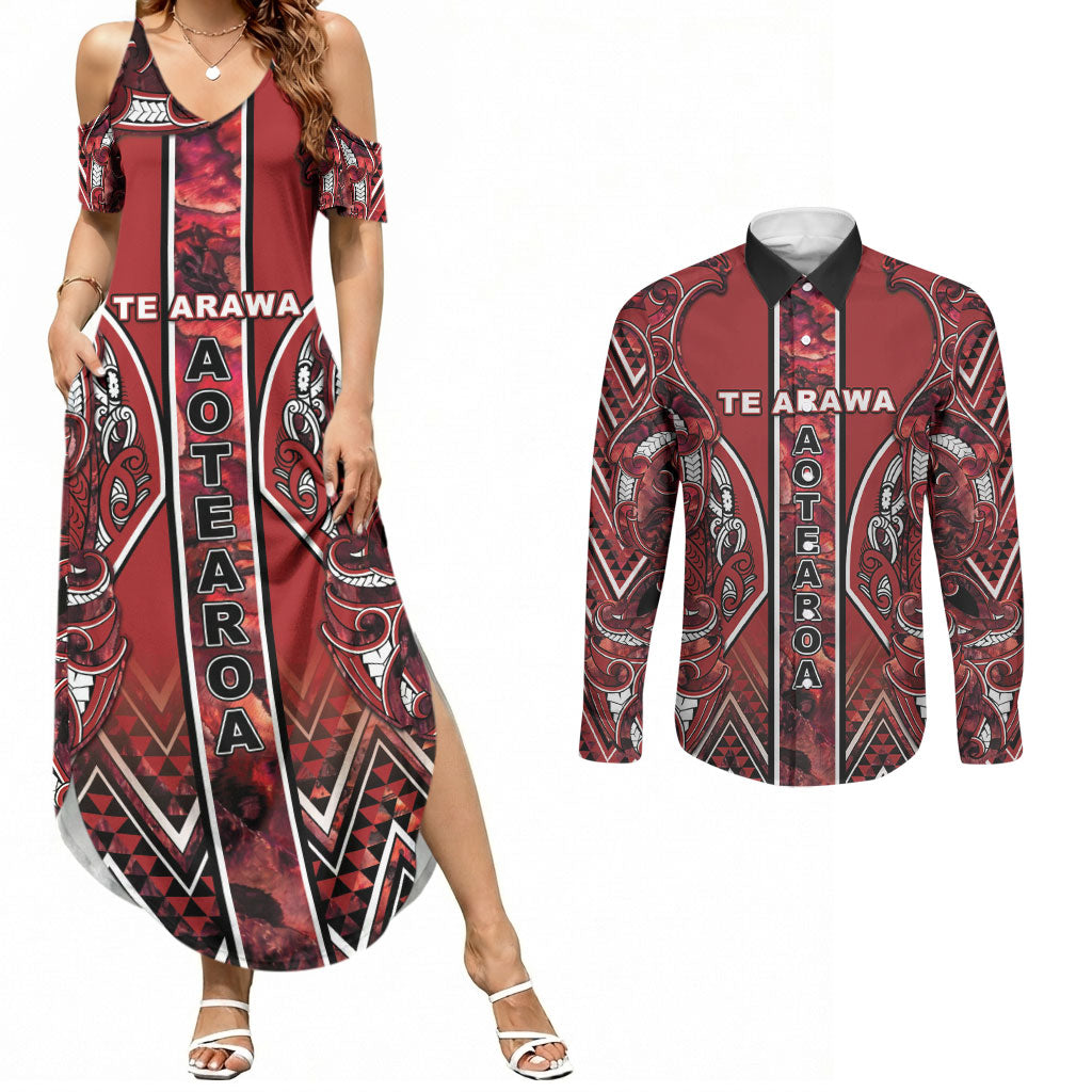 Aotearoa Te Arawa Couples Matching Summer Maxi Dress and Long Sleeve Button Shirt Maori Tribal Dark Red Paua Shell Pattern