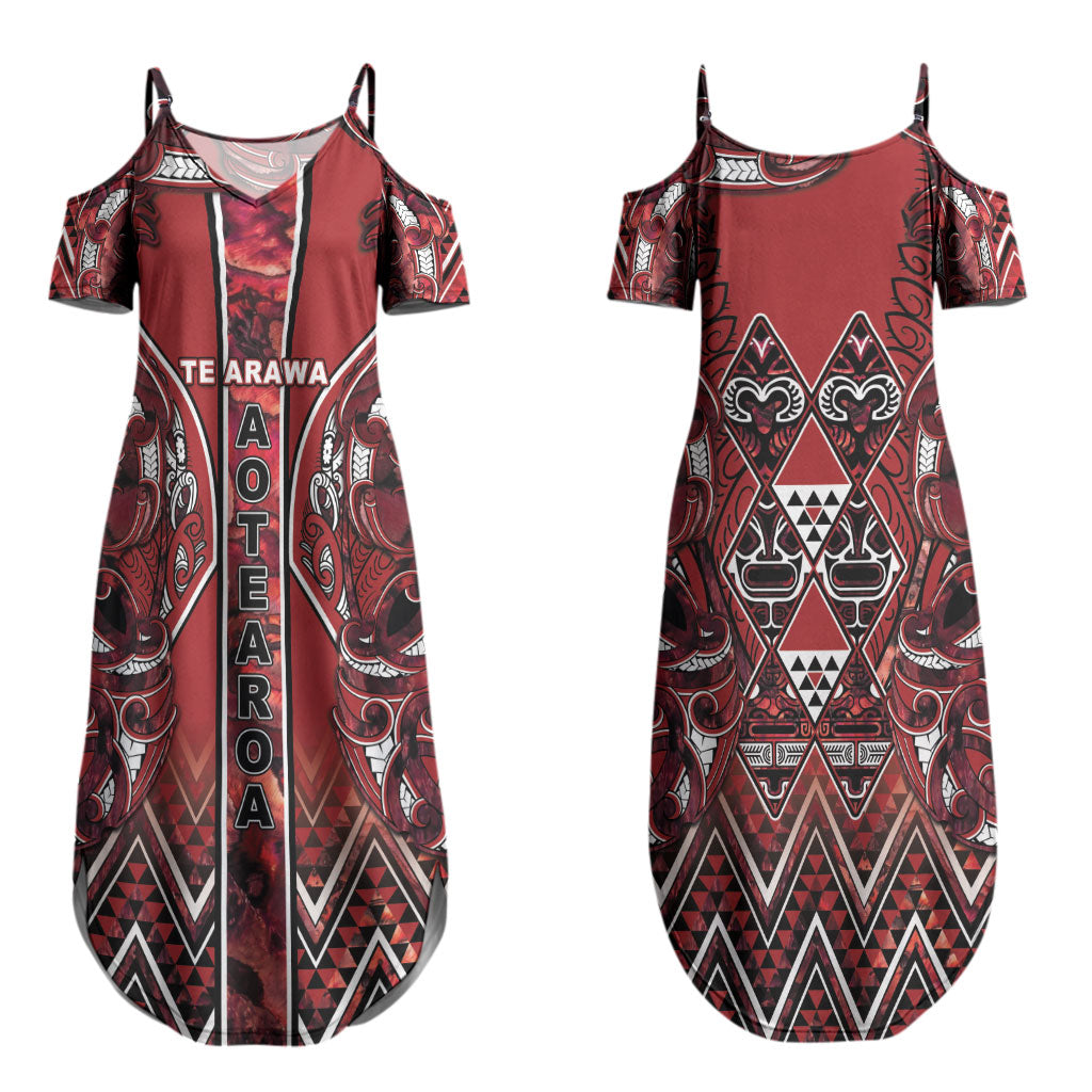 Aotearoa Te Arawa Couples Matching Summer Maxi Dress and Long Sleeve Button Shirt Maori Tribal Dark Red Paua Shell Pattern