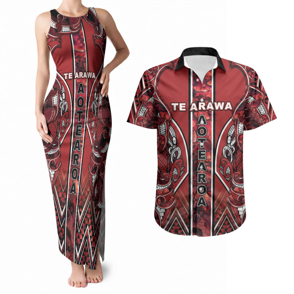 Aotearoa Te Arawa Couples Matching Tank Maxi Dress and Hawaiian Shirt Maori Tribal Dark Red Paua Shell Pattern DT05 Red - Polynesian Pride