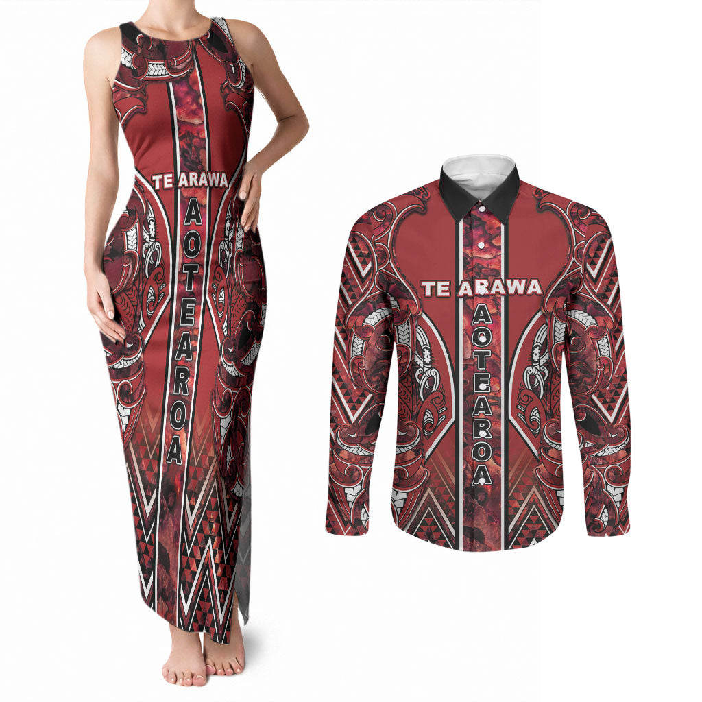 Aotearoa Te Arawa Couples Matching Tank Maxi Dress and Long Sleeve Button Shirt Maori Tribal Dark Red Paua Shell Pattern
