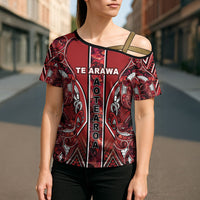 Aotearoa Te Arawa Cross Shoulder Shirt Maori Tribal Dark Red Paua Shell Pattern