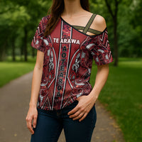 Aotearoa Te Arawa Cross Shoulder Shirt Maori Tribal Dark Red Paua Shell Pattern