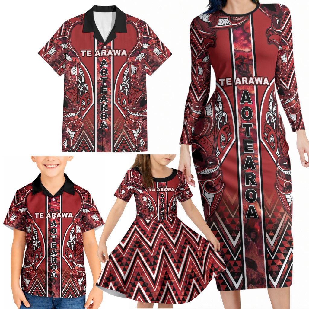 Aotearoa Te Arawa Family Matching Long Sleeve Bodycon Dress and Hawaiian Shirt Maori Tribal Dark Red Paua Shell Pattern DT05 - Polynesian Pride