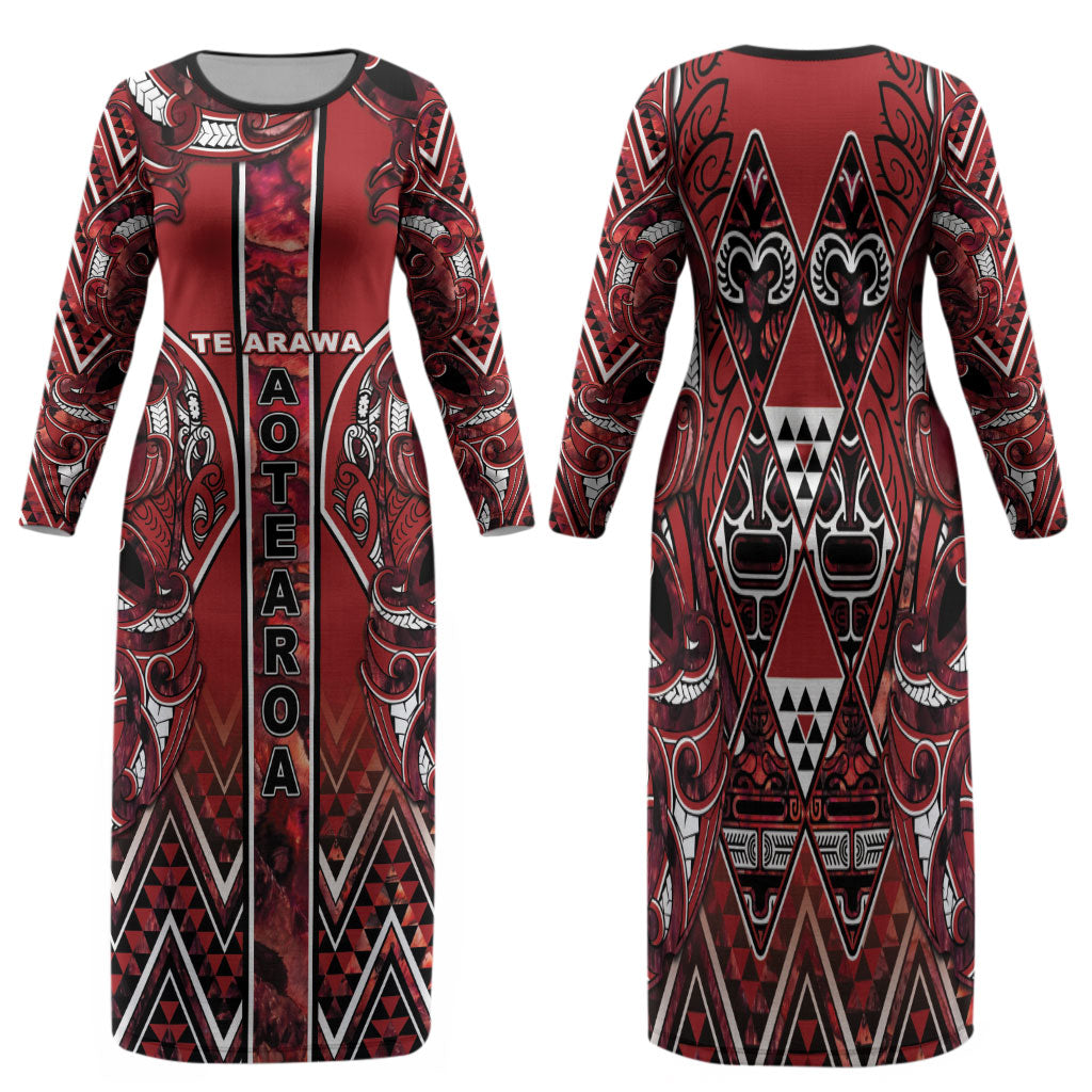 Aotearoa Te Arawa Family Matching Long Sleeve Bodycon Dress and Hawaiian Shirt Maori Tribal Dark Red Paua Shell Pattern