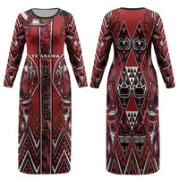 Aotearoa Te Arawa Family Matching Long Sleeve Bodycon Dress and Hawaiian Shirt Maori Tribal Dark Red Paua Shell Pattern