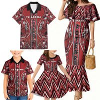 Aotearoa Te Arawa Family Matching Mermaid Dress and Hawaiian Shirt Maori Tribal Dark Red Paua Shell Pattern