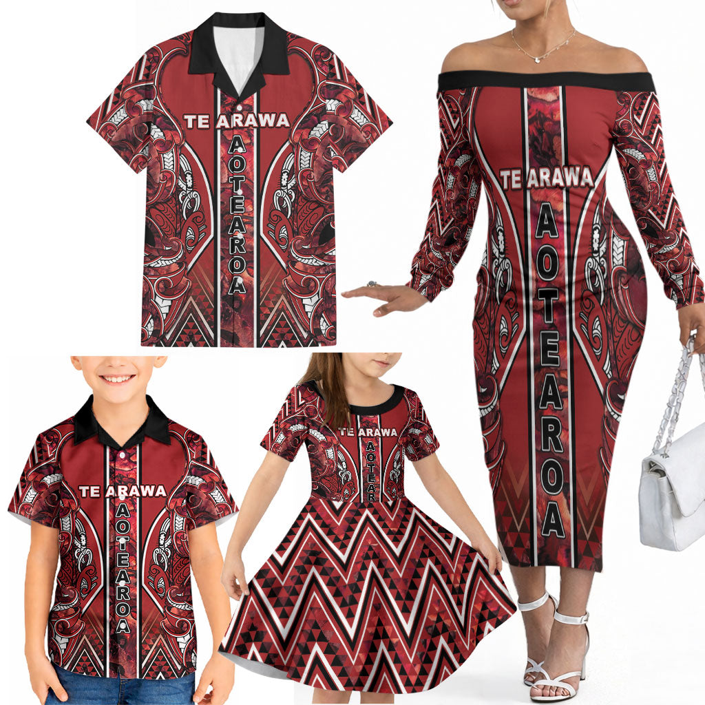 Aotearoa Te Arawa Family Matching Off The Shoulder Long Sleeve Dress and Hawaiian Shirt Maori Tribal Dark Red Paua Shell Pattern DT05 - Polynesian Pride