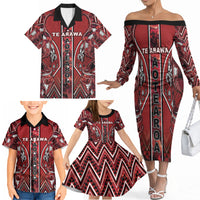 Aotearoa Te Arawa Family Matching Off The Shoulder Long Sleeve Dress and Hawaiian Shirt Maori Tribal Dark Red Paua Shell Pattern