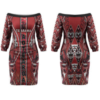 Aotearoa Te Arawa Family Matching Off The Shoulder Long Sleeve Dress and Hawaiian Shirt Maori Tribal Dark Red Paua Shell Pattern