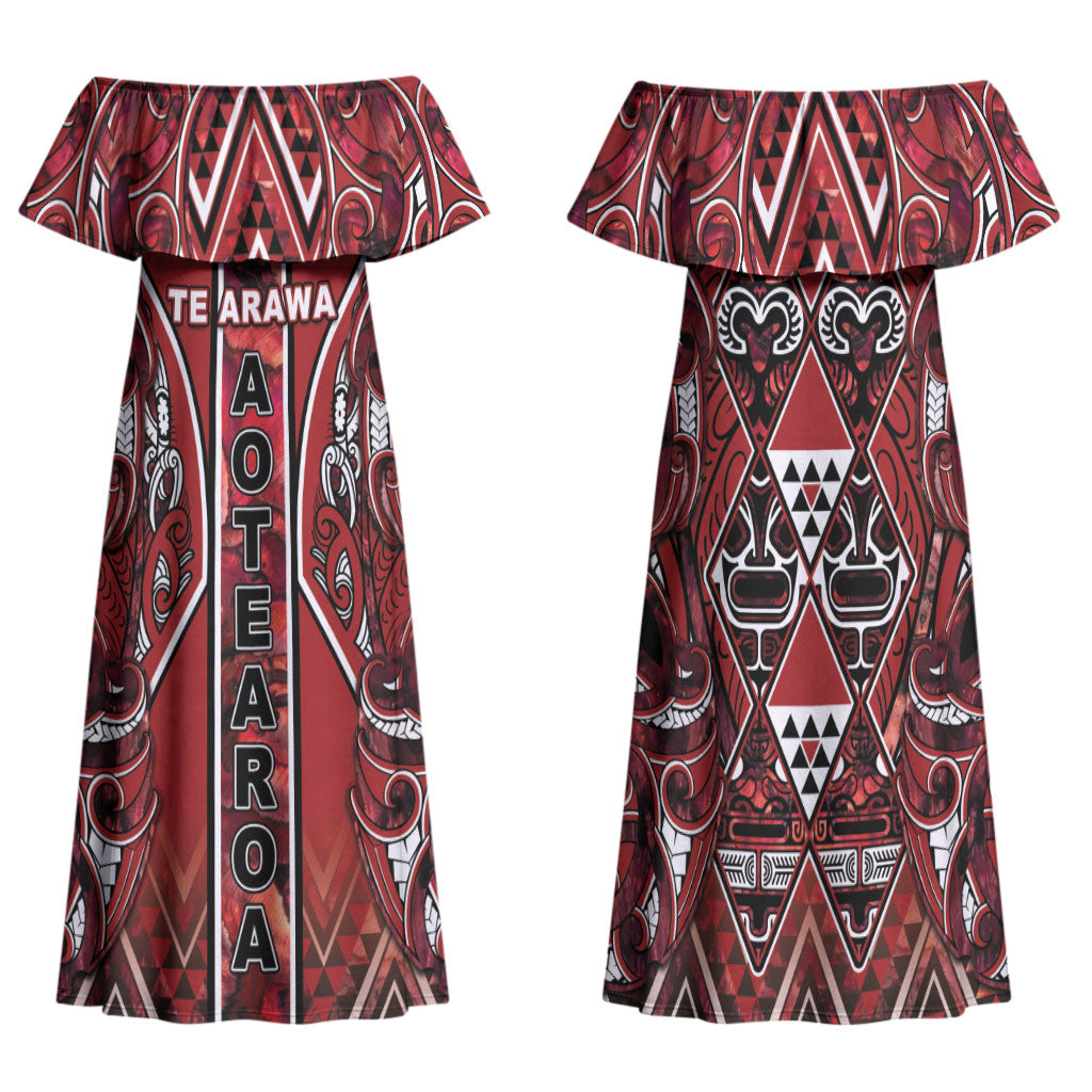 Aotearoa Te Arawa Family Matching Off Shoulder Maxi Dress and Hawaiian Shirt Maori Tribal Dark Red Paua Shell Pattern