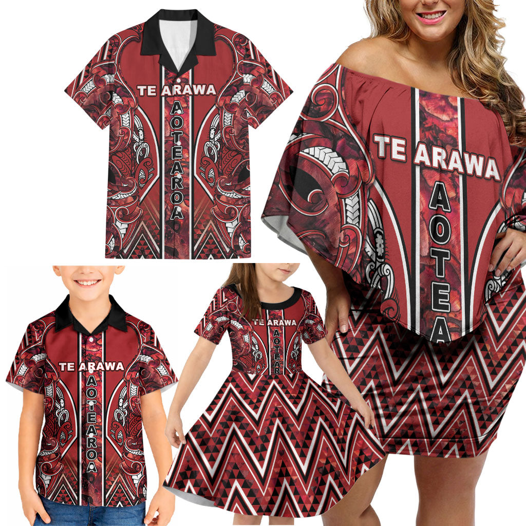 Aotearoa Te Arawa Family Matching Off Shoulder Short Dress and Hawaiian Shirt Maori Tribal Dark Red Paua Shell Pattern
