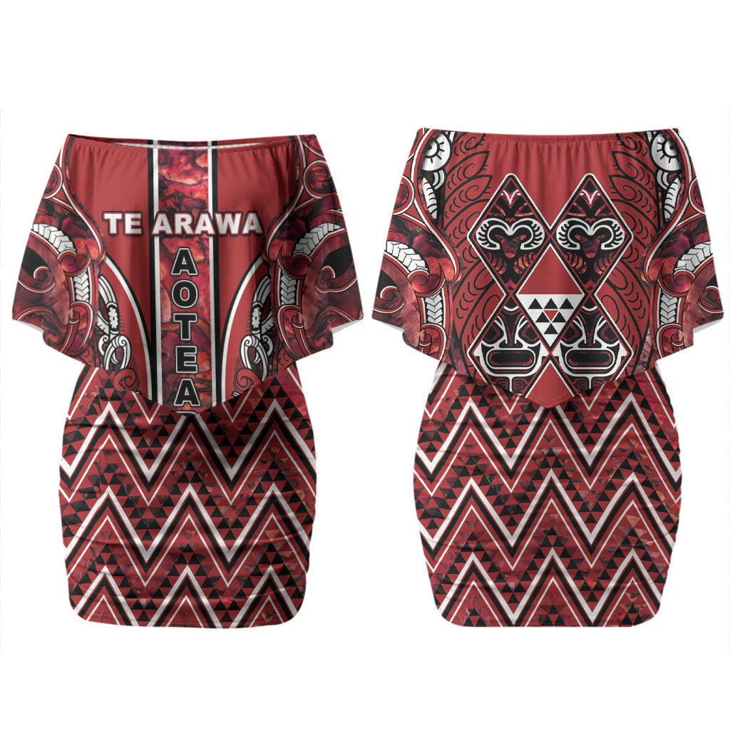 Aotearoa Te Arawa Family Matching Off Shoulder Short Dress and Hawaiian Shirt Maori Tribal Dark Red Paua Shell Pattern