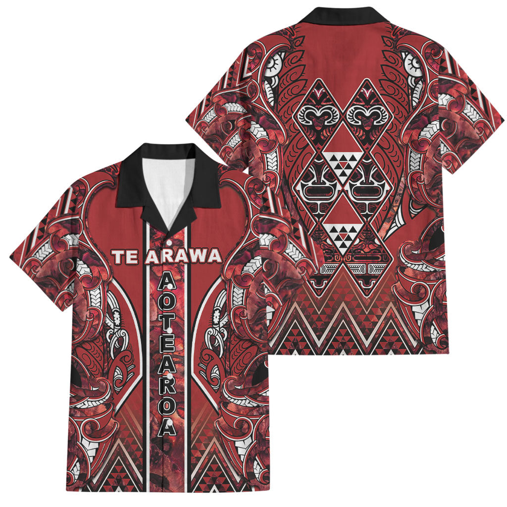 Aotearoa Te Arawa Family Matching Off Shoulder Short Dress and Hawaiian Shirt Maori Tribal Dark Red Paua Shell Pattern