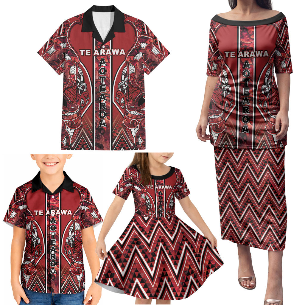 Aotearoa Te Arawa Family Matching Puletasi and Hawaiian Shirt Maori Tribal Dark Red Paua Shell Pattern