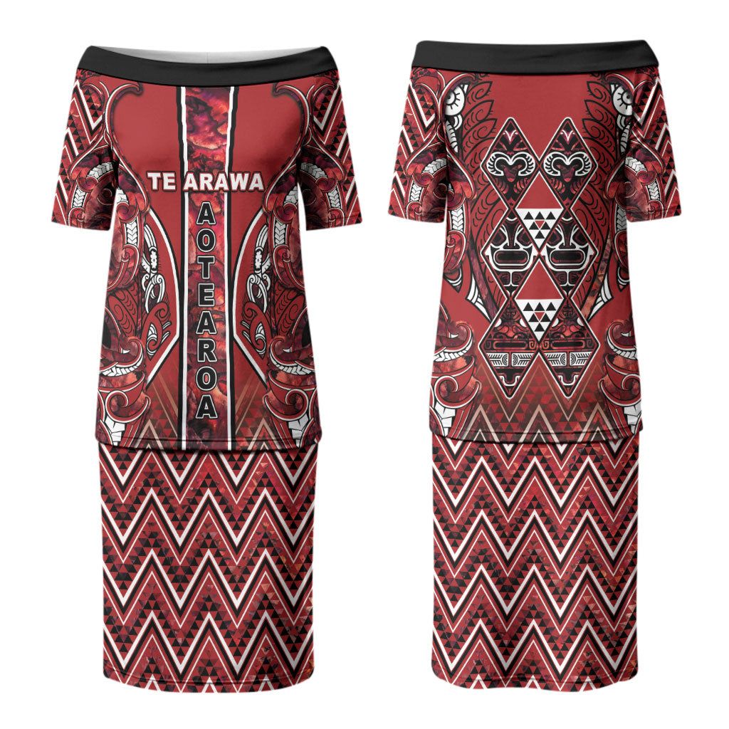 Aotearoa Te Arawa Family Matching Puletasi and Hawaiian Shirt Maori Tribal Dark Red Paua Shell Pattern