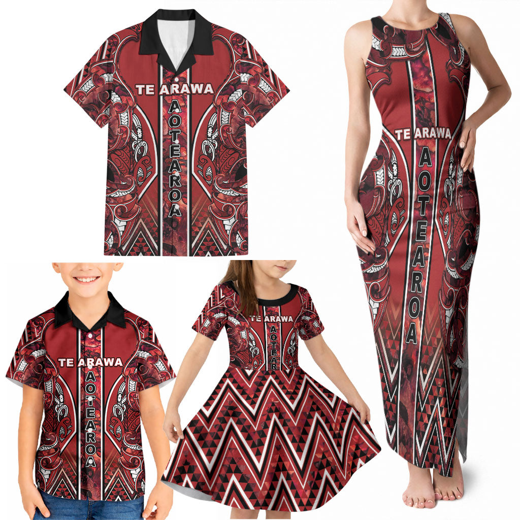 Aotearoa Te Arawa Family Matching Tank Maxi Dress and Hawaiian Shirt Maori Tribal Dark Red Paua Shell Pattern DT05 - Polynesian Pride