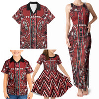 Aotearoa Te Arawa Family Matching Tank Maxi Dress and Hawaiian Shirt Maori Tribal Dark Red Paua Shell Pattern