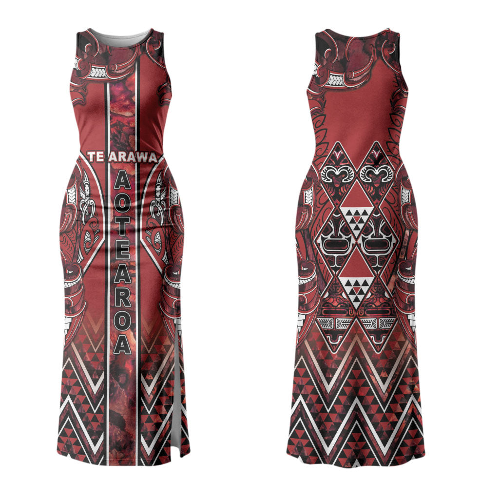 Aotearoa Te Arawa Family Matching Tank Maxi Dress and Hawaiian Shirt Maori Tribal Dark Red Paua Shell Pattern