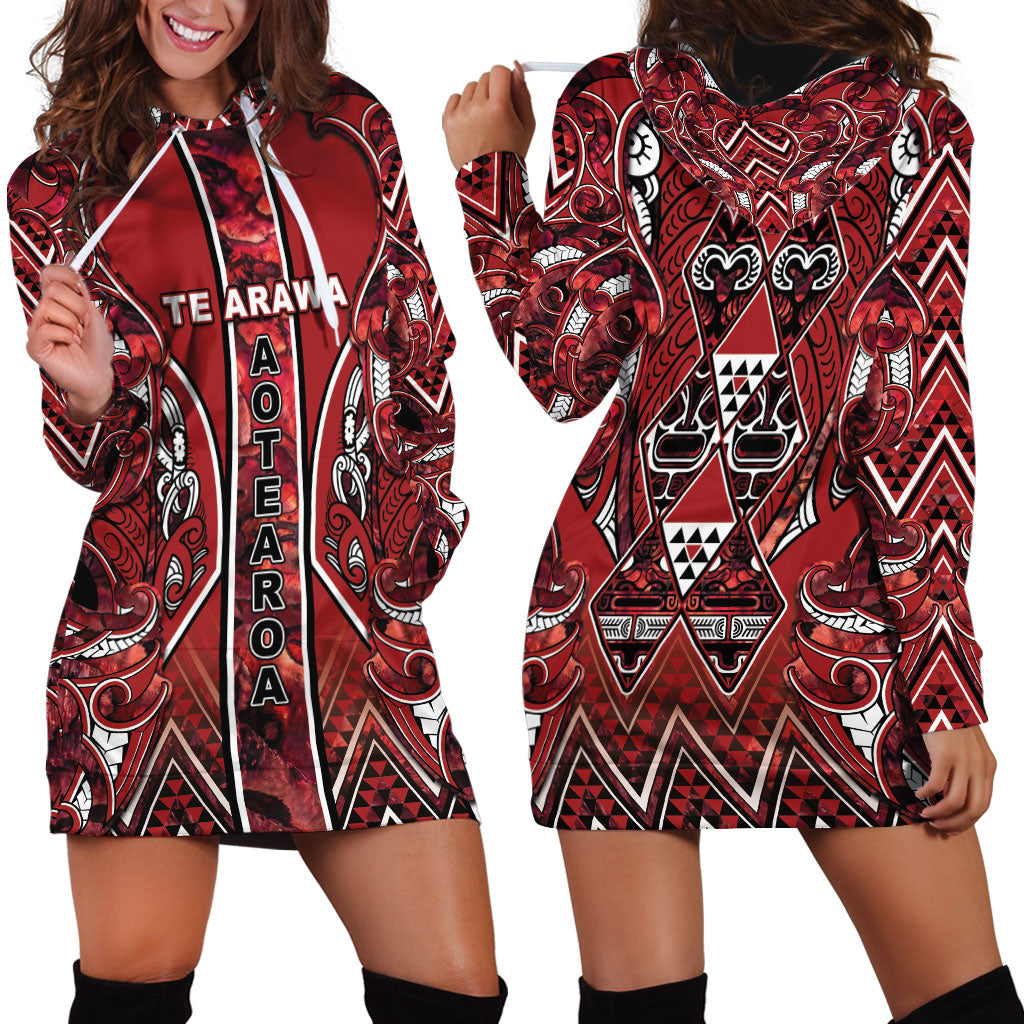 Aotearoa Te Arawa Hoodie Dress Maori Tribal Dark Red Paua Shell Pattern