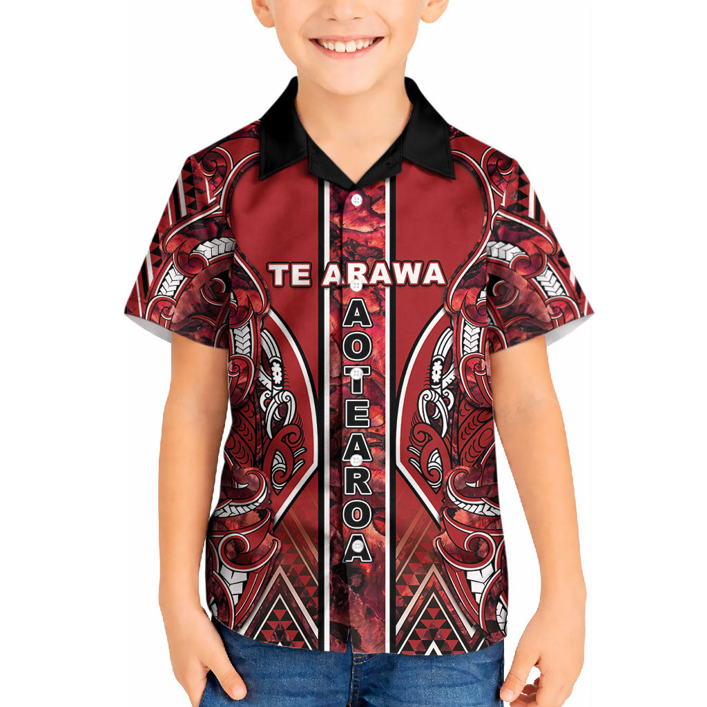 Aotearoa Te Arawa Kid Hawaiian Shirt Maori Tribal Dark Red Paua Shell Pattern