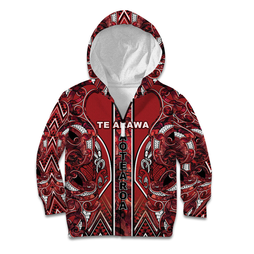 Aotearoa Te Arawa Kid Hoodie Maori Tribal Dark Red Paua Shell Pattern