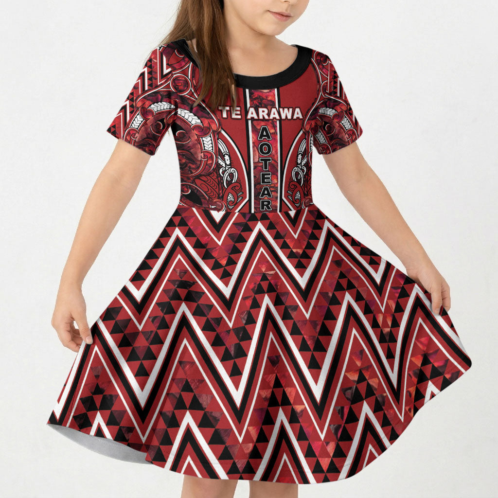 Aotearoa Te Arawa Kid Short Sleeve Dress Maori Tribal Dark Red Paua Shell Pattern
