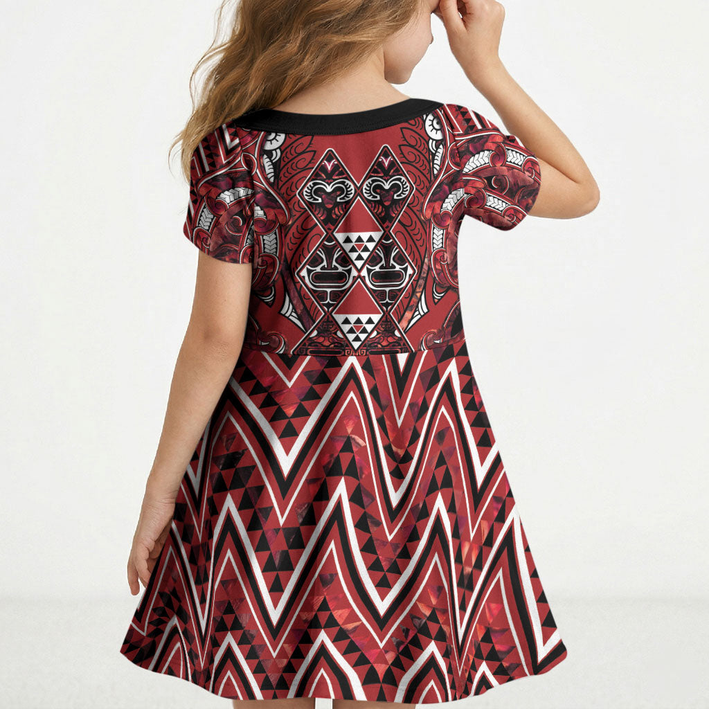 Aotearoa Te Arawa Kid Short Sleeve Dress Maori Tribal Dark Red Paua Shell Pattern