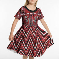 Aotearoa Te Arawa Kid Short Sleeve Dress Maori Tribal Dark Red Paua Shell Pattern