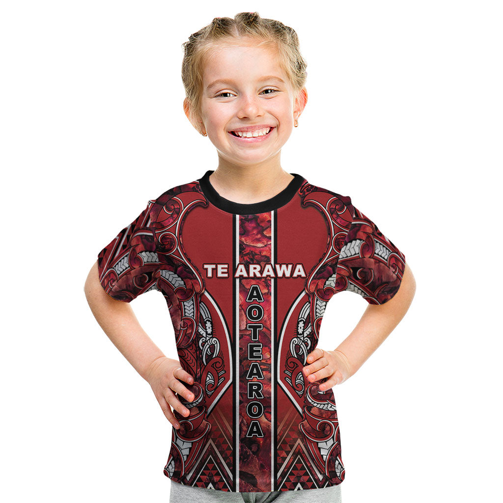 Aotearoa Te Arawa Kid T Shirt Maori Tribal Dark Red Paua Shell Pattern