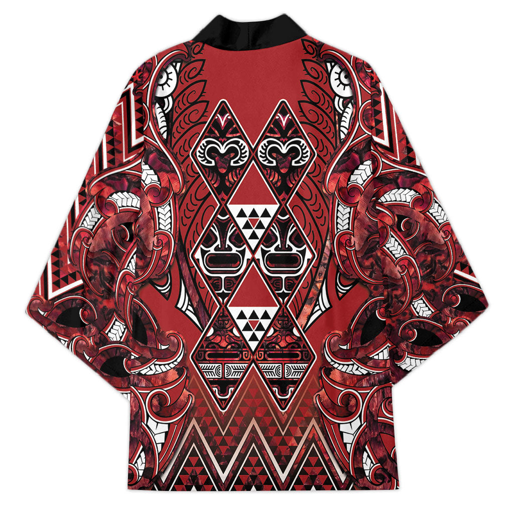 Aotearoa Te Arawa Kimono Maori Tribal Dark Red Paua Shell Pattern