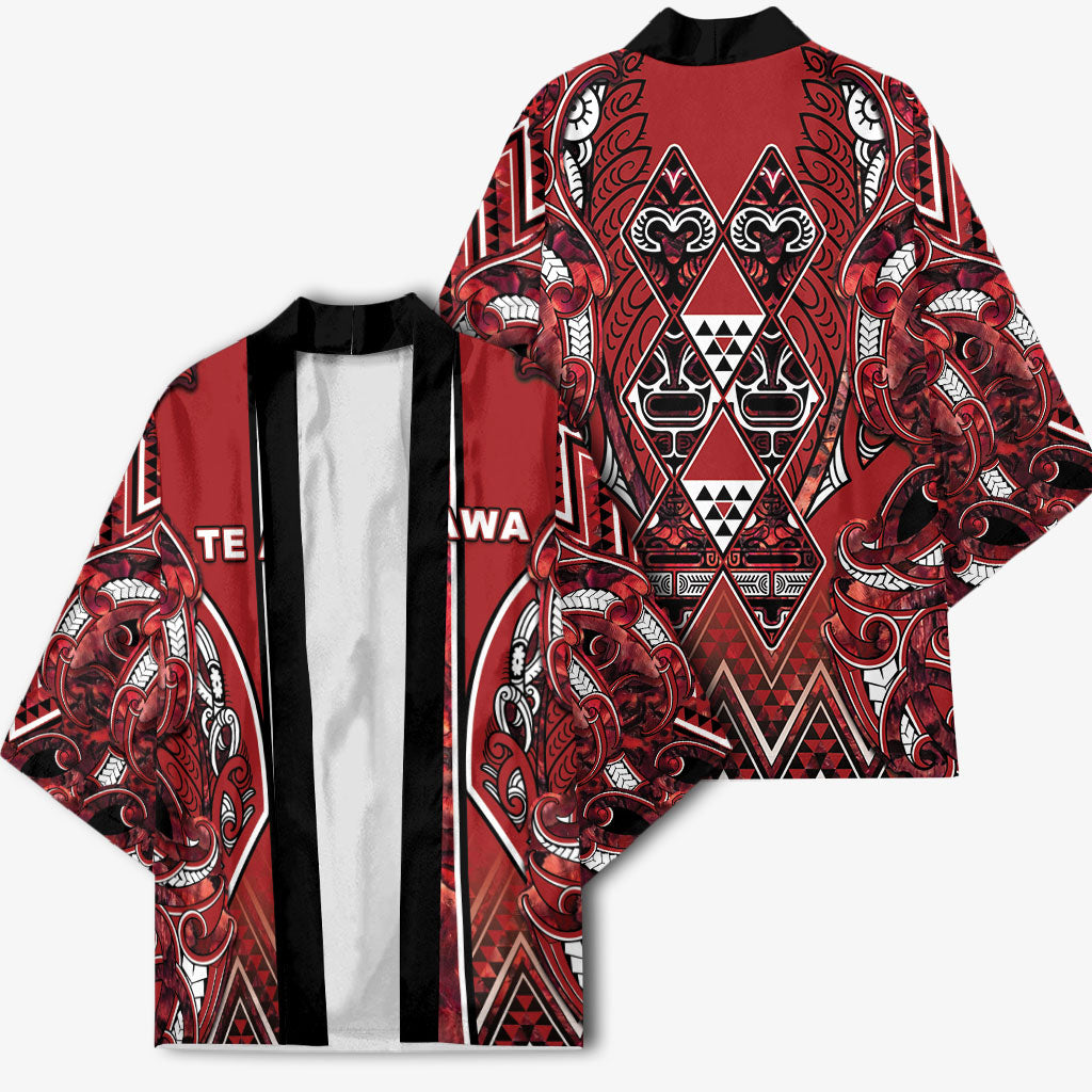 Aotearoa Te Arawa Kimono Maori Tribal Dark Red Paua Shell Pattern