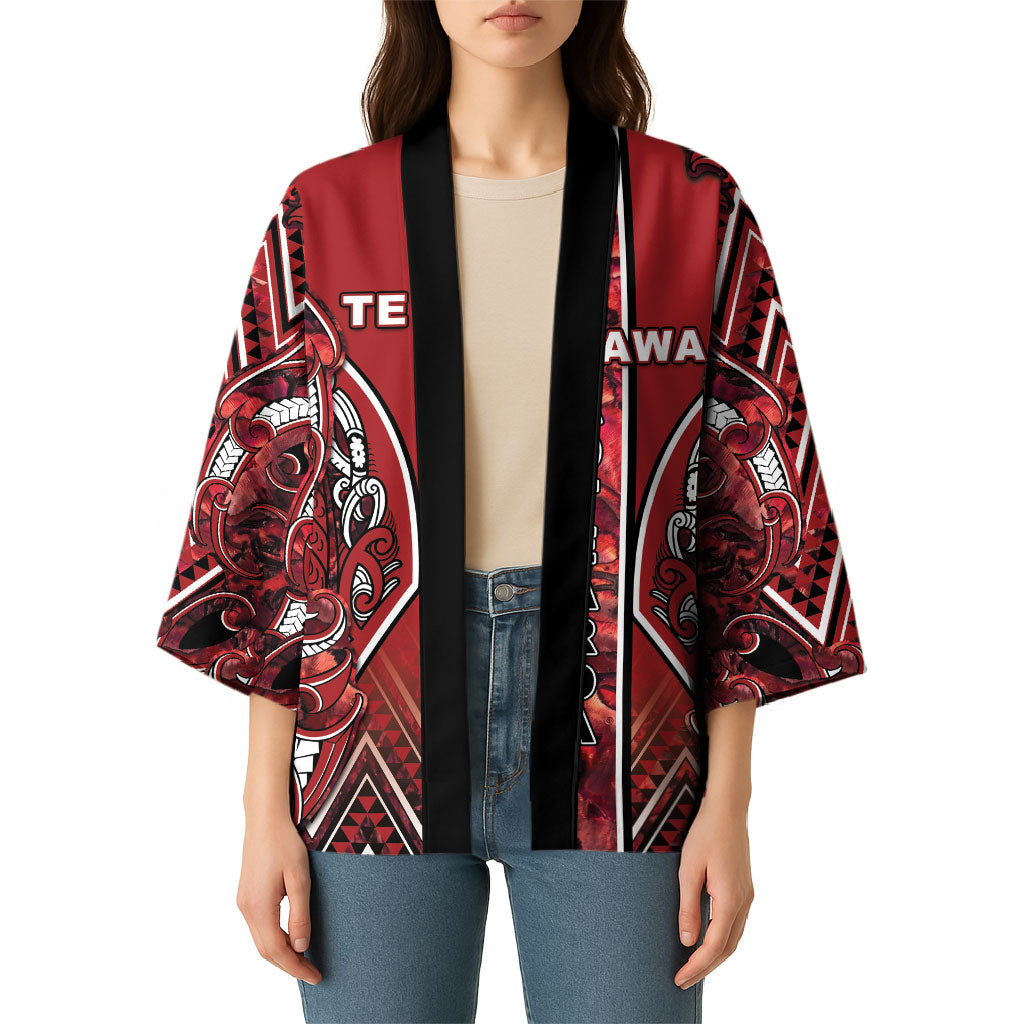 Aotearoa Te Arawa Kimono Maori Tribal Dark Red Paua Shell Pattern